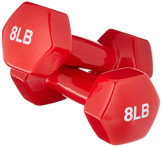 Amazon Basics Vinyl Coated Hexagon Dumbbell Hand Weights with Non-Slip Grip, 8 lbs, Steel Core for Gym Exercise Workout, Red, Pair