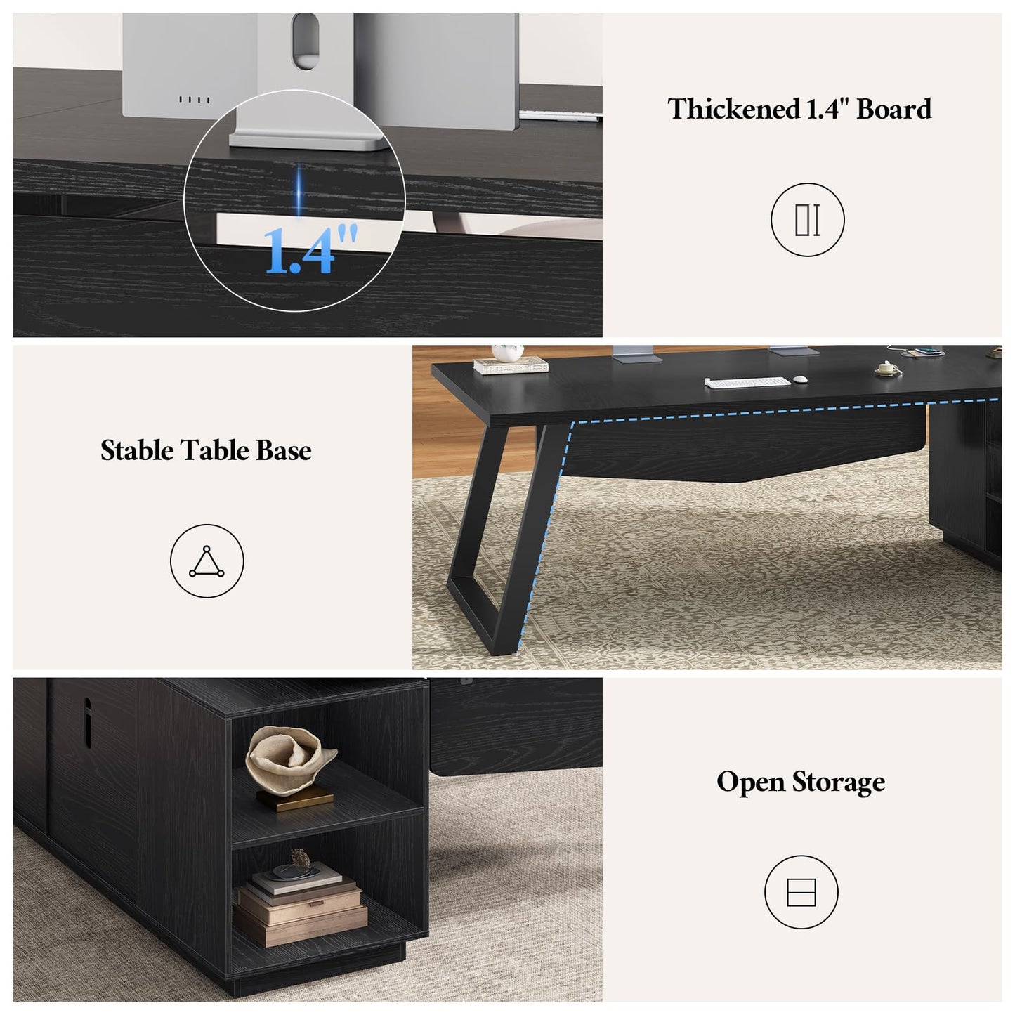 70.3 inch L Shaped Executive Desk with Power Outlets, Large Home Office Desk with Storage Drawers and File Cabinet, Modern Computer Desk with Shelves, Black Business Furniture, Square Metal Legs