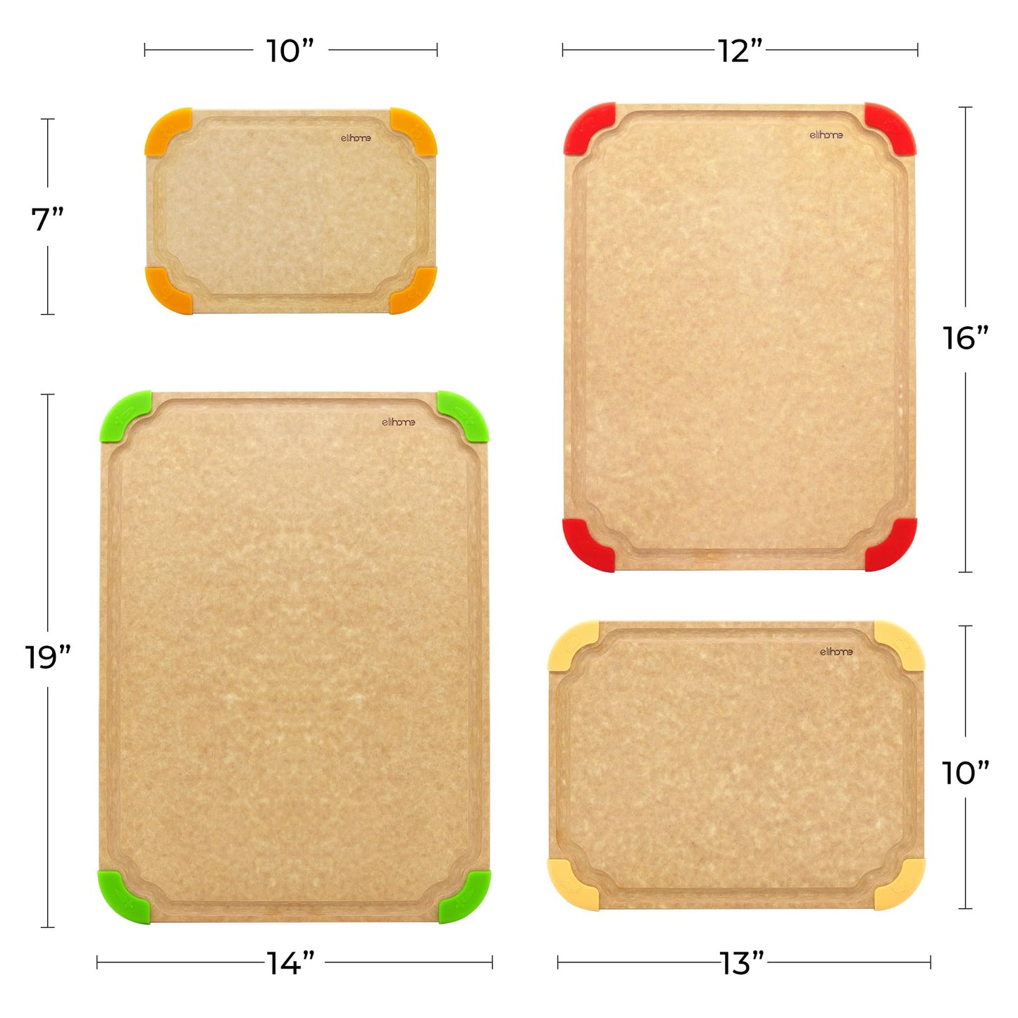 Elihome Premium Series 4-in-1 Kitchen Cutting Board Set, Non Slip Feet, Color Coded with Food Icon, Natural Wood Fiber, Dishwasher Safe, Eco-Friendly, Juice Grooves,Non Porous, BPA Free, Made in USA