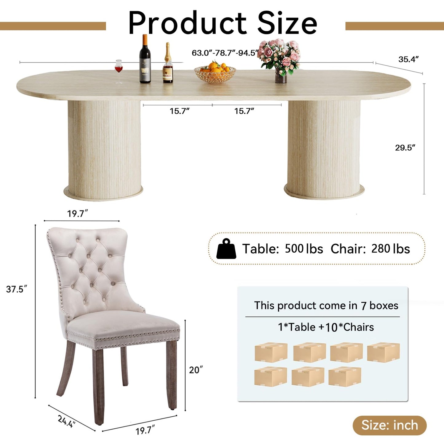 11 Piece Extendable Dining Table Set with 10 Beige Upholstered Chairs, 63"-95" Faux Mars Oval Kitchen Table Set with Storage for 10, Space-Saving Expandable Dining Room Table Set with Wood Fluted Base