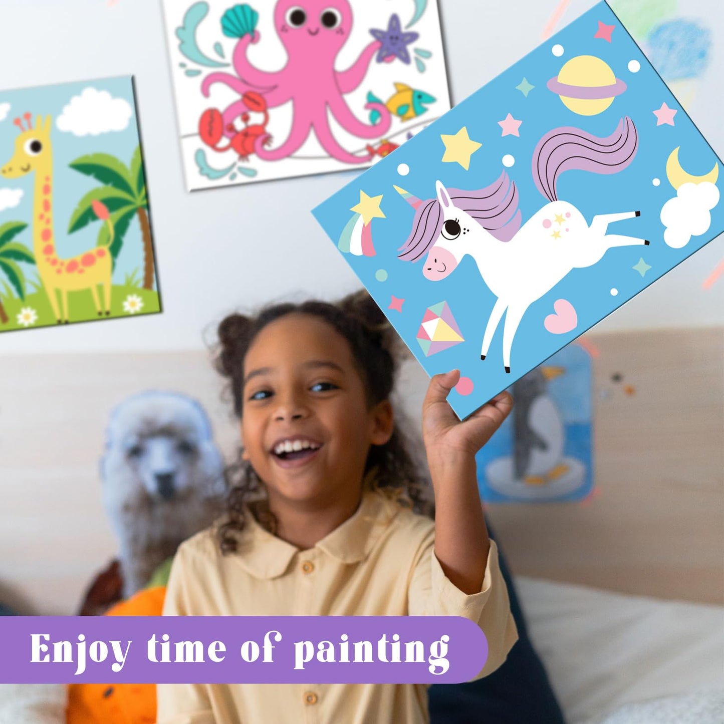 goldentime 8 Packs 5x7 Pre Drawn Canvas Set,Paint by Numbers for Kids,48 Paints 8 Brushes 2 Easels,Pre-Printed Acrylic Oil Painting Kit Ages 8-12 9-12 4-8