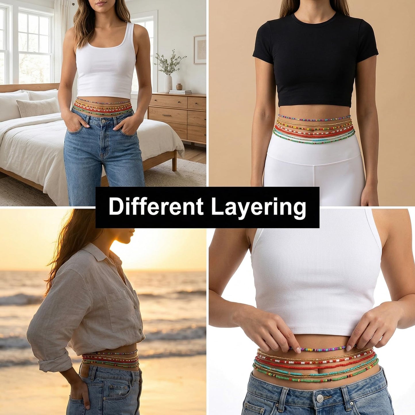Waist Beads Body jewelry, Colorful Belly beads, Bohemian Bead jewelry, Layered Belly chains, 31.5Inch Stretches Waist chain (7 Piece) (WB001-2#)
