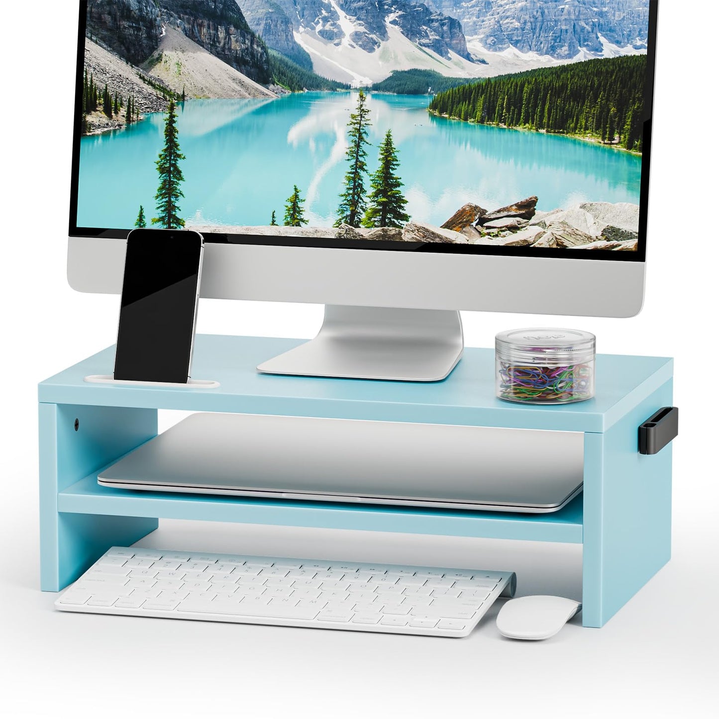 Marbrasse Monitor Stand Riser, 16.5 Inch 2 Tier Computer Printer Shelf Stand for Laptop Computer Screen Storage, Desktop Stand with Phone Holder and Cable Management Black
