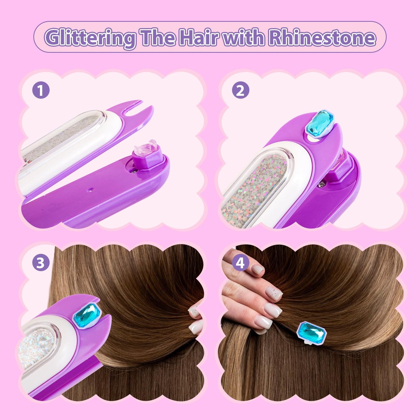 kidzkube Hair Gem Stamper Kit, Bling Hair Jewels for Girls Toys, Hair Styling Tool with Reusable Shining Diamonds, Birthday Gifts Toys for Girls Ages 3 4 5 6 8-12 (Purple)