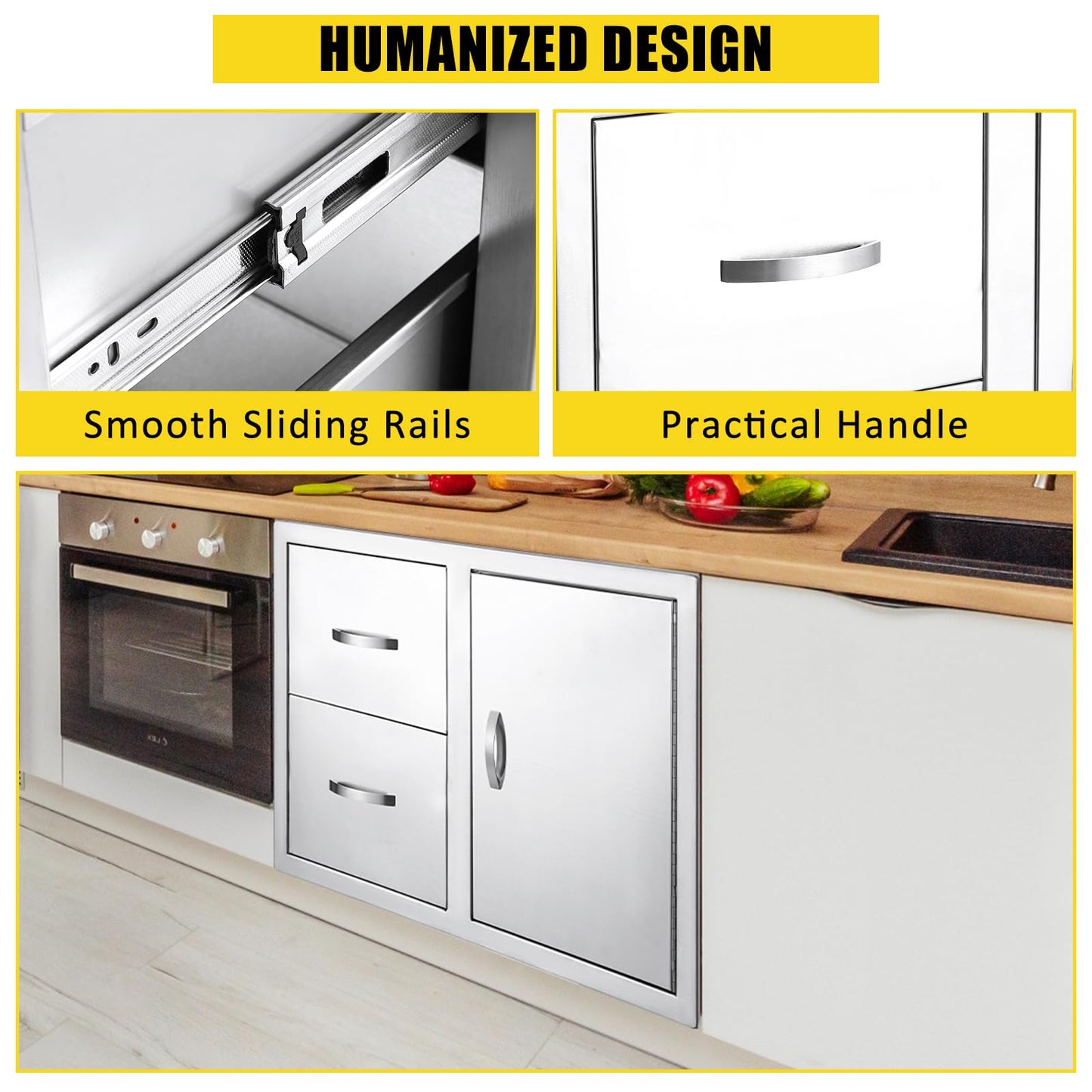 GarveeLife 33''W x 22''H x 22''D Outdoor Kitchen Drawer Combo with Paper Towel Rack, BBQ Access Door Drawers Combo with Stainless Steel, Perfect for BBQ Grill Station Outdoor Kitchen Storage Cabinet