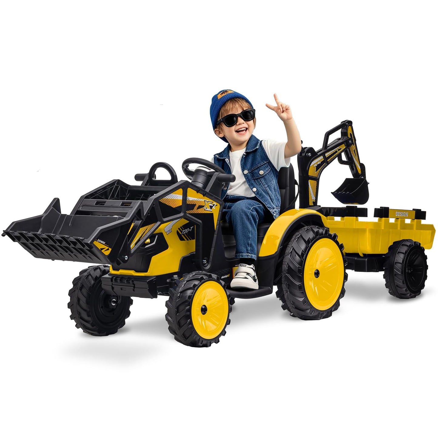 Garvee 4-in-1 Ride on Tractor, 24v Ride on Toys for Big Kids, Remote Control Excavator with Trailer, Shovel Bucket, Digger, Remote Control, EVA Tires, LED Light, Music, USB, Yellow