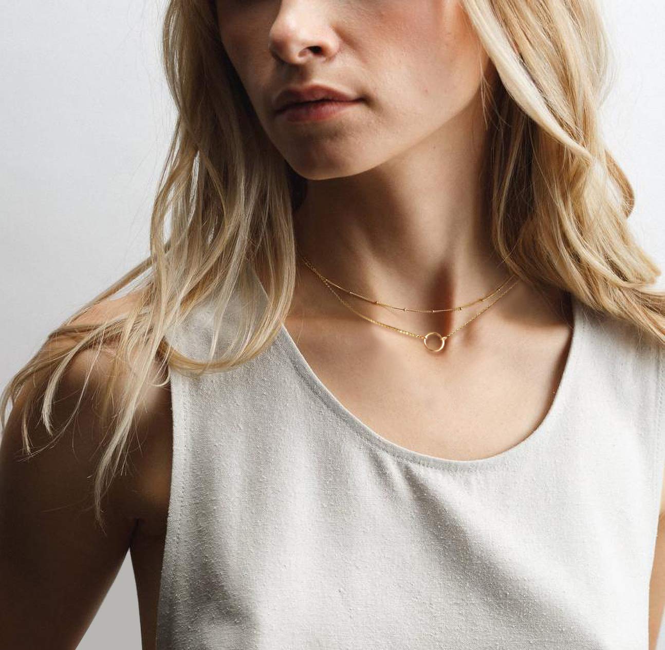 MEVECCO Gold Layered Choker Necklace for Women,18K Gold Plated Cute Dainty Karma Round Circle Disc Charm Small Beaded Satellite Chain Minimalist Choker Necklace