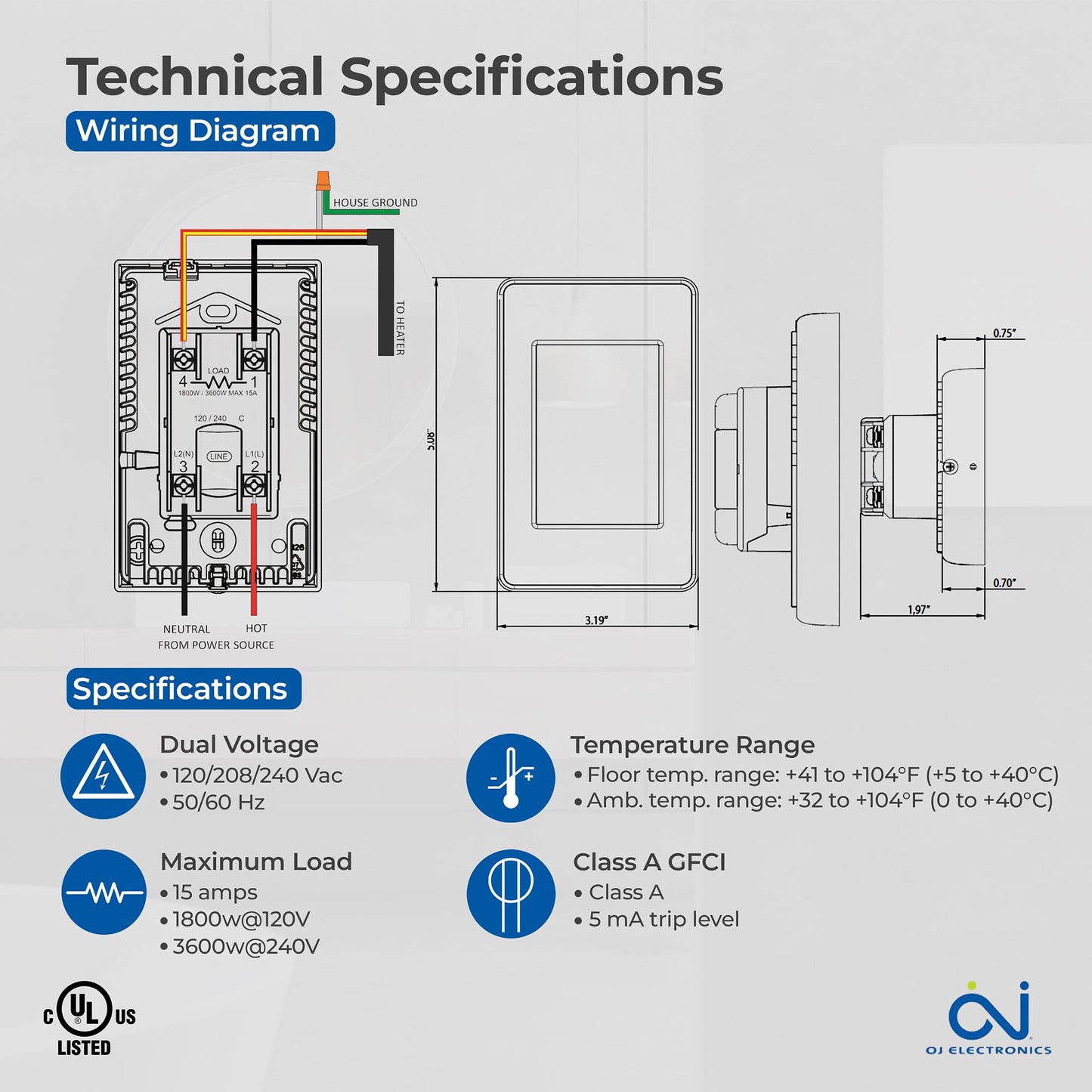 OJ Microline UDG4 Touchscreen Programmable Heated Floor Thermostat w/Class A GFCI - 120/240v Radiant Heat Thermostat - Dual Sensing - Includes Floor Sensor - 3-Year Warranty & USA Product Support