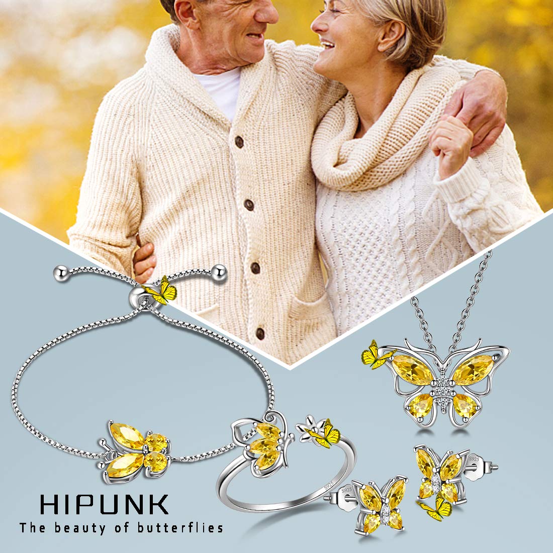Hipunk Butterfly Yellow Jewelry Sets Birthstone Women 925 Sterling Silver November-Citrine Birth Stone Animal Butterflies Jewelry Sets/Earring/Ring/Bracelet Set Crystal Birthday Jewelry SS0003N
