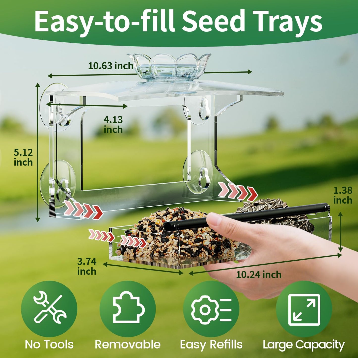 TC-DCDM Window Bird Feeder for Outdoors-Clear Acrylic Window Bird Feeders with Strong Suction Cups and Removable Seed Tray,Transparent Birdhouse for Viewing Wild Birds, Ideal Outside Gardening Gifts