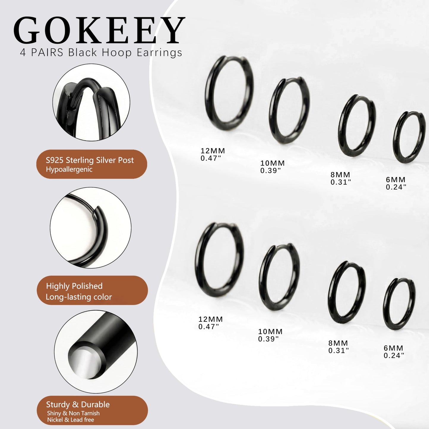 Gokeey Small Gold Huggie Hoop Earrings Set for Women 14K Gold Plated Hypoallergenic Lightweight Earrings for Sensitive Ears Everyday Earrings for Cartilage Piercings (12mm/12mm/12mm/12mm, Black)