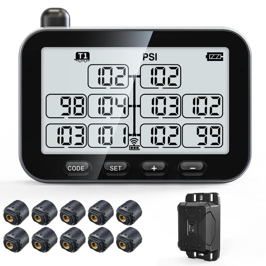 GUTA Trailer Tire Pressure Monitoring System, RV TPMS with 10 Sensors, 6 Alert Modes, Signal Booster, Power Saving Display, Long Sensing Distance, for 3 Trailers (T1/T2/T3), for Camper, Motor Homes