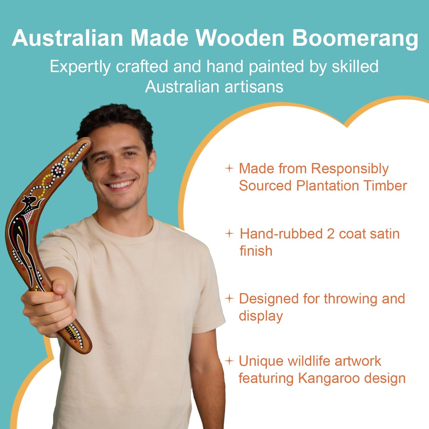 Boomerang Native Art 12-Inch Australian Wooden Boomerang | Handcrafted Kangaroo Cultural Art | Plantation Timber | Adult Sport & Decorative Display Collectible
