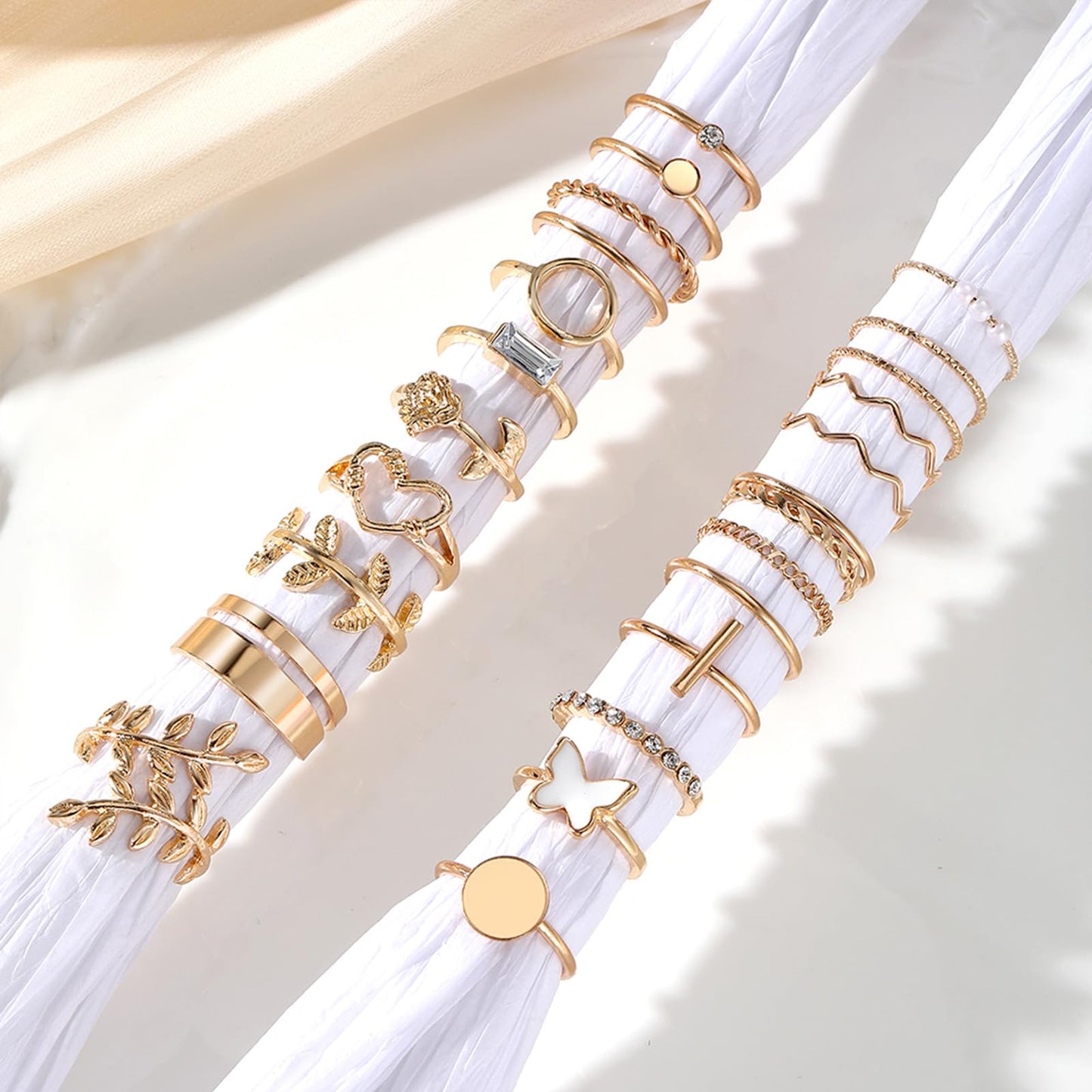 IFKM 24 Pcs Gold Knuckle Rings Set For Women Vintage Stackable Joint Finger Midi Rings Dainty Cubic Zirconia Crystal Simple Twist Hollow Cute Rings Pack Jewelry Gift (Love of Leaves, Gold)