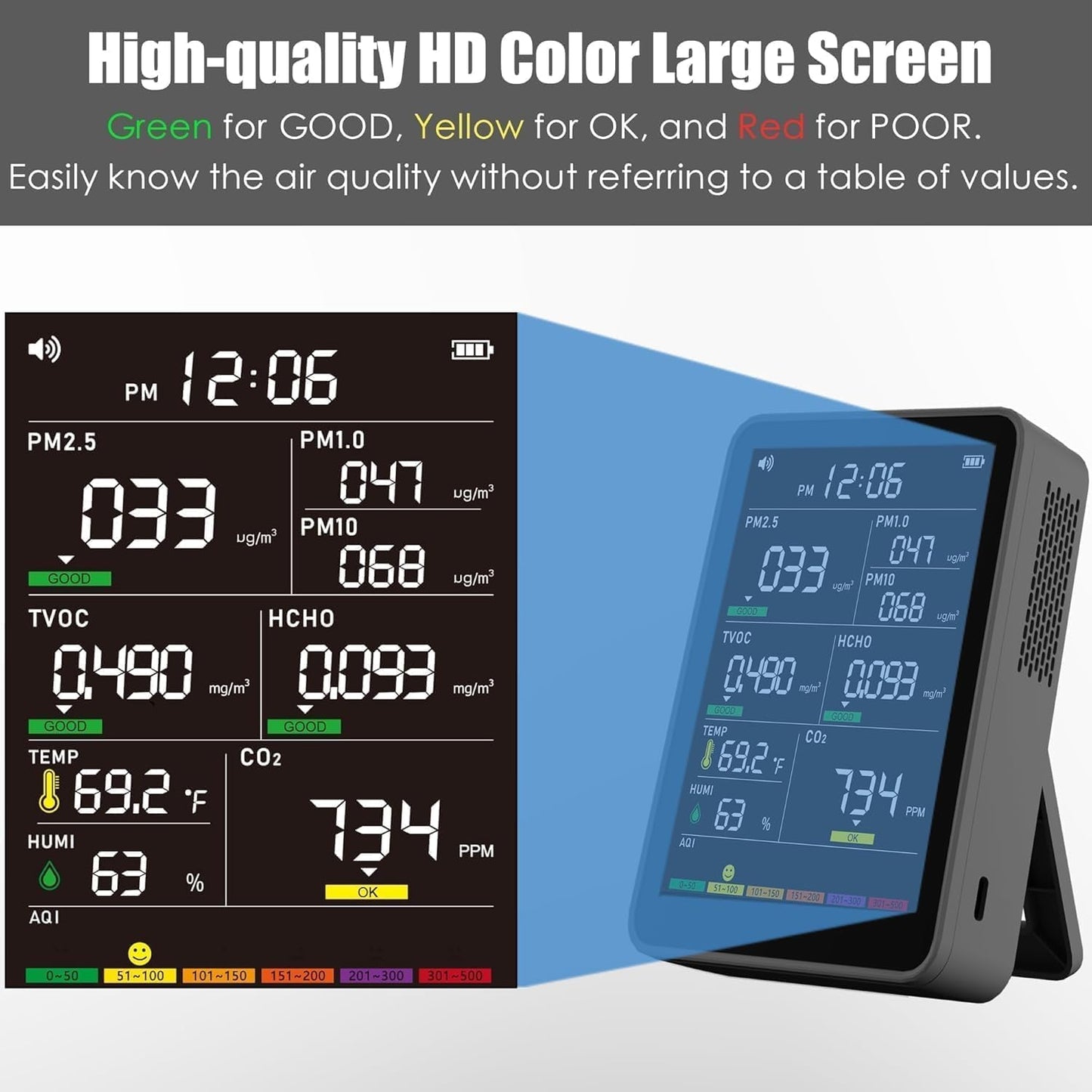 Professional Indoor Air Quality Monitor with AQI, Portable Real-Time Detector for Home Cars Plants and Pets (Taupe Black)