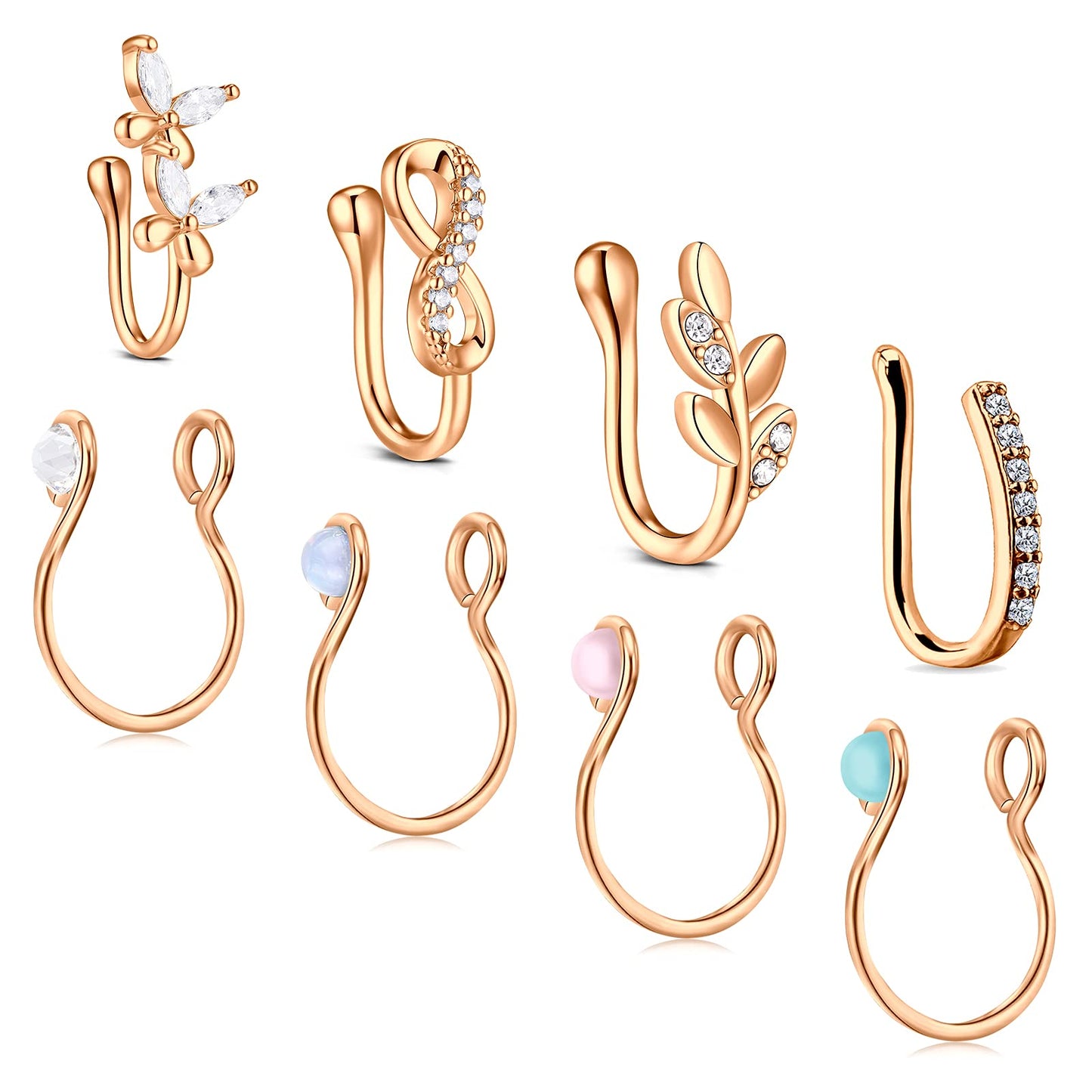JFORYOU Nose Rings Fake 8Pcs Stainless Steel Inlaid CZ Faux Piercing Jewelry Fake Nose Ring Clip on Circle Hoop No Pierced Nose Ring Jewelry for Women Men