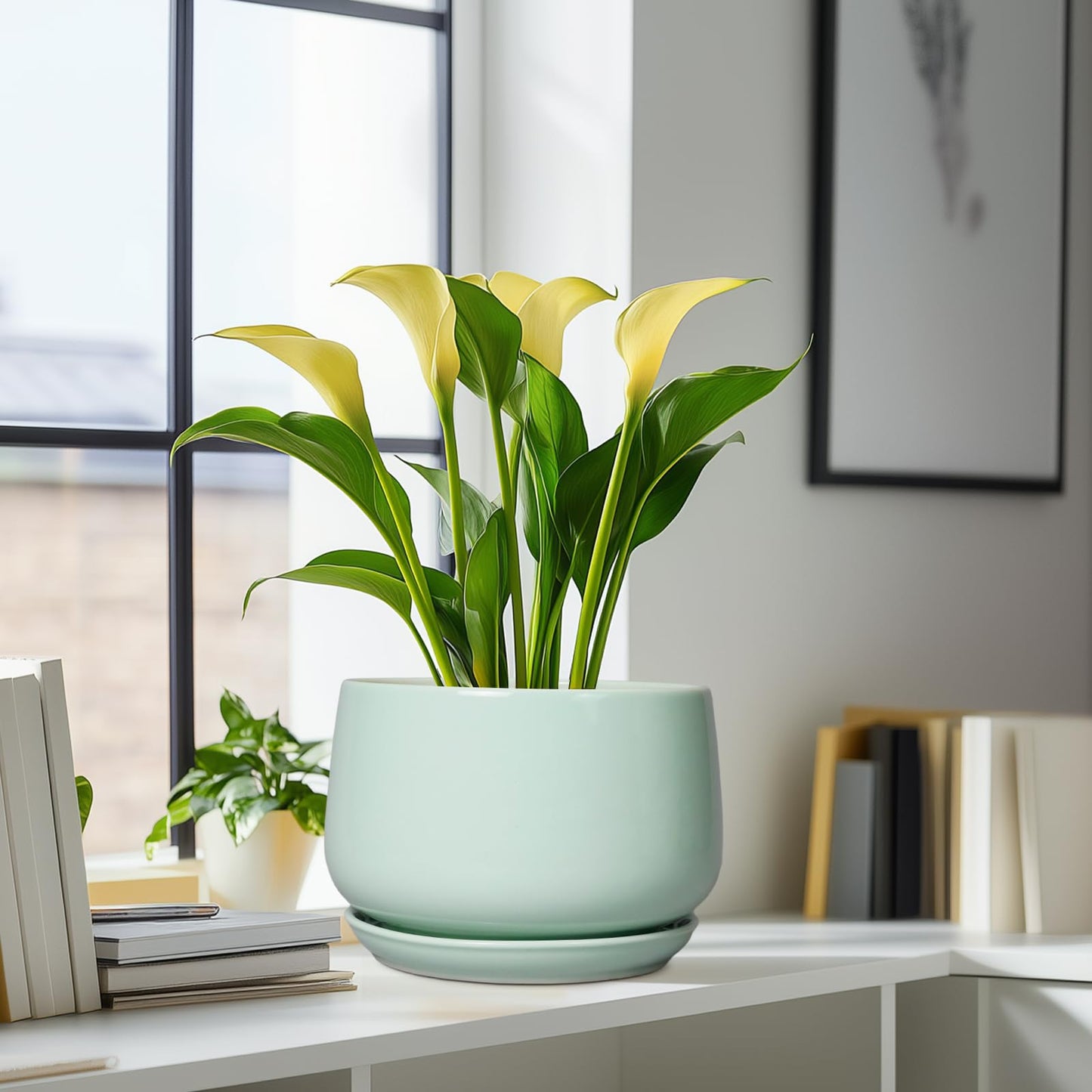 G EPGardening Ceramic Pots for Plants - 9 Inch Ceramic Planter with Drainage and Saucer, Round Planter for Indoor Outdoor Plants, Modern Flower Pots, Garden Decor, Birthday Gifts, Green