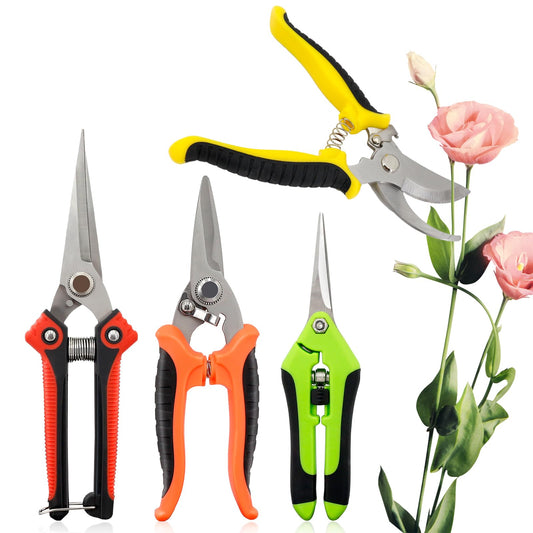 4 Pack Garden Pruning Shears Stainless Steel Clipper Kits, Handheld Garden Trimming Scissors with Sharp Blade Snips Scissors- Gardening Tools for Flowers Plant Branches (Curved & Straight Blade)