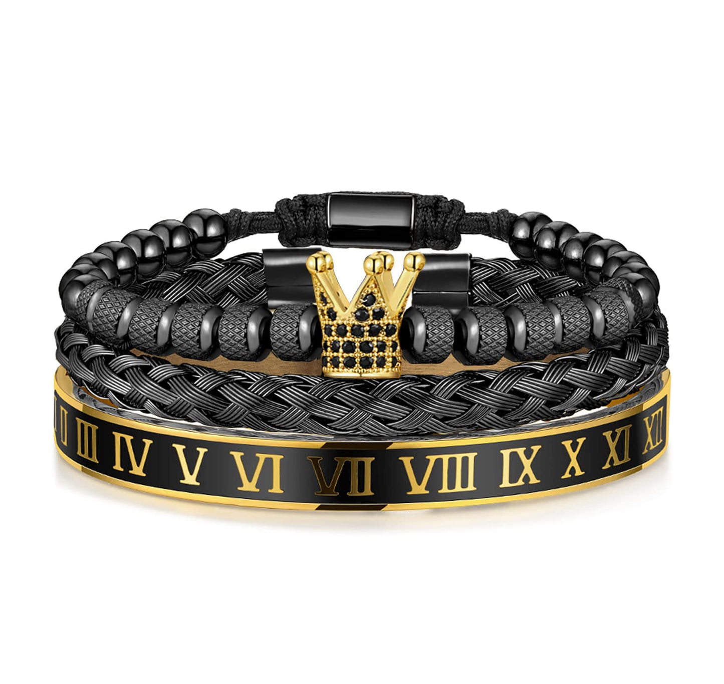 WFYOU 3PCS Stainless Steel Bracelets for Men Gold Roman Numeral Bangle Bracelet Twisted Cable Bracelet Adjustable Cuff Bracelet Mens Luxury Jewelry Bracelets Gifts(I:Gold&Black)