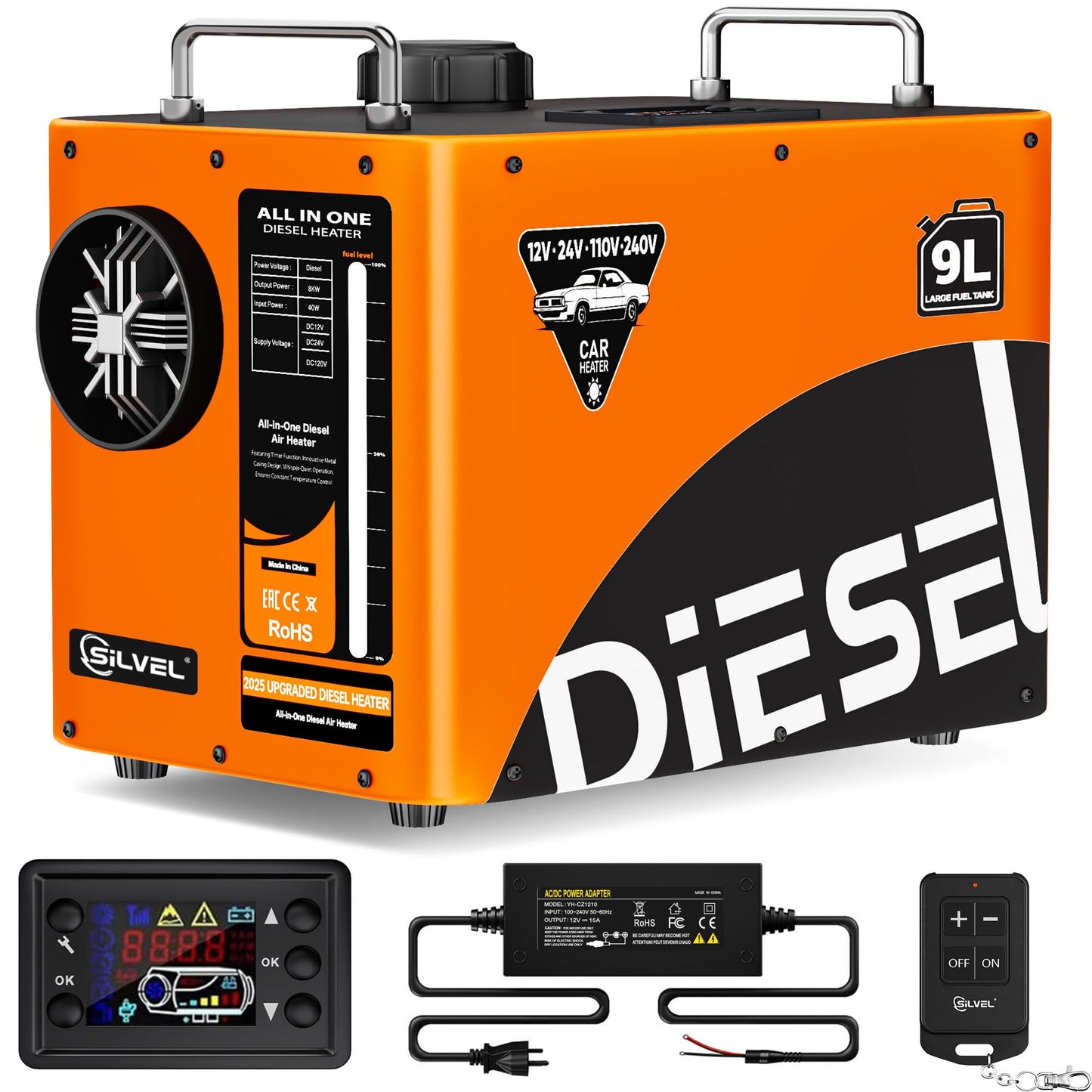 SILVEL Diesel Heater 8KW 110V/12V/24V, All-in-One 9L-10L Portable Diesel Air Heater with LCD Screen, Remote Control, Suitable for Car, Camper, RV, Truck, Home, Garage, Shop, Boat, Orange