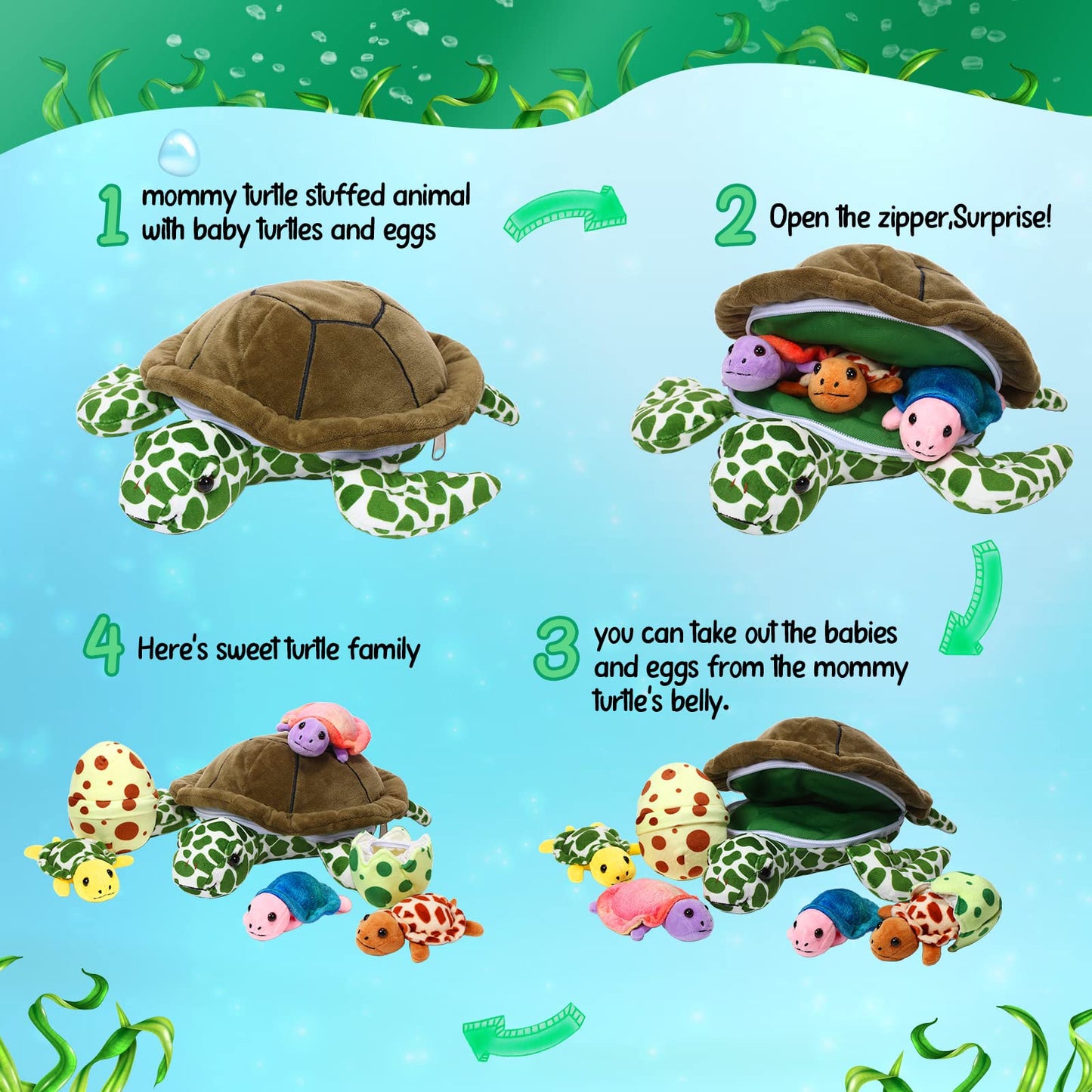 Aoriher 6 Pieces Sea Turtle Stuffed Animal with Babies 12" Mommy Stuffed Sea Turtle with 3 Little Plush 2 Plush Eggs Soft Pillow Tortoise Hugging Gifts for Kids Birthday Baby Shower Party(Modern)