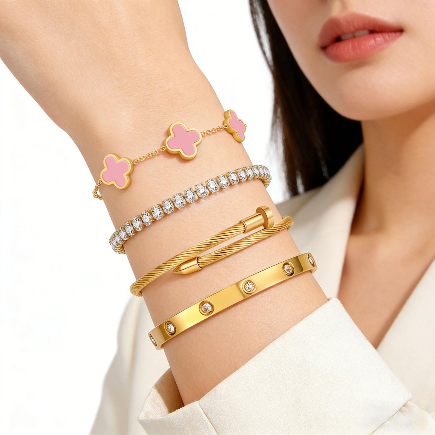 Gold Bracelets for Women, 18K Gold Plated Women Tennis Bracelets Clover Nail Love Bangle Bracelet Set, Gold Bracelet Stackable Set Trendy Jewelry, Gifts for Women's Day and Mother's Day (08-Color-4 Pink)