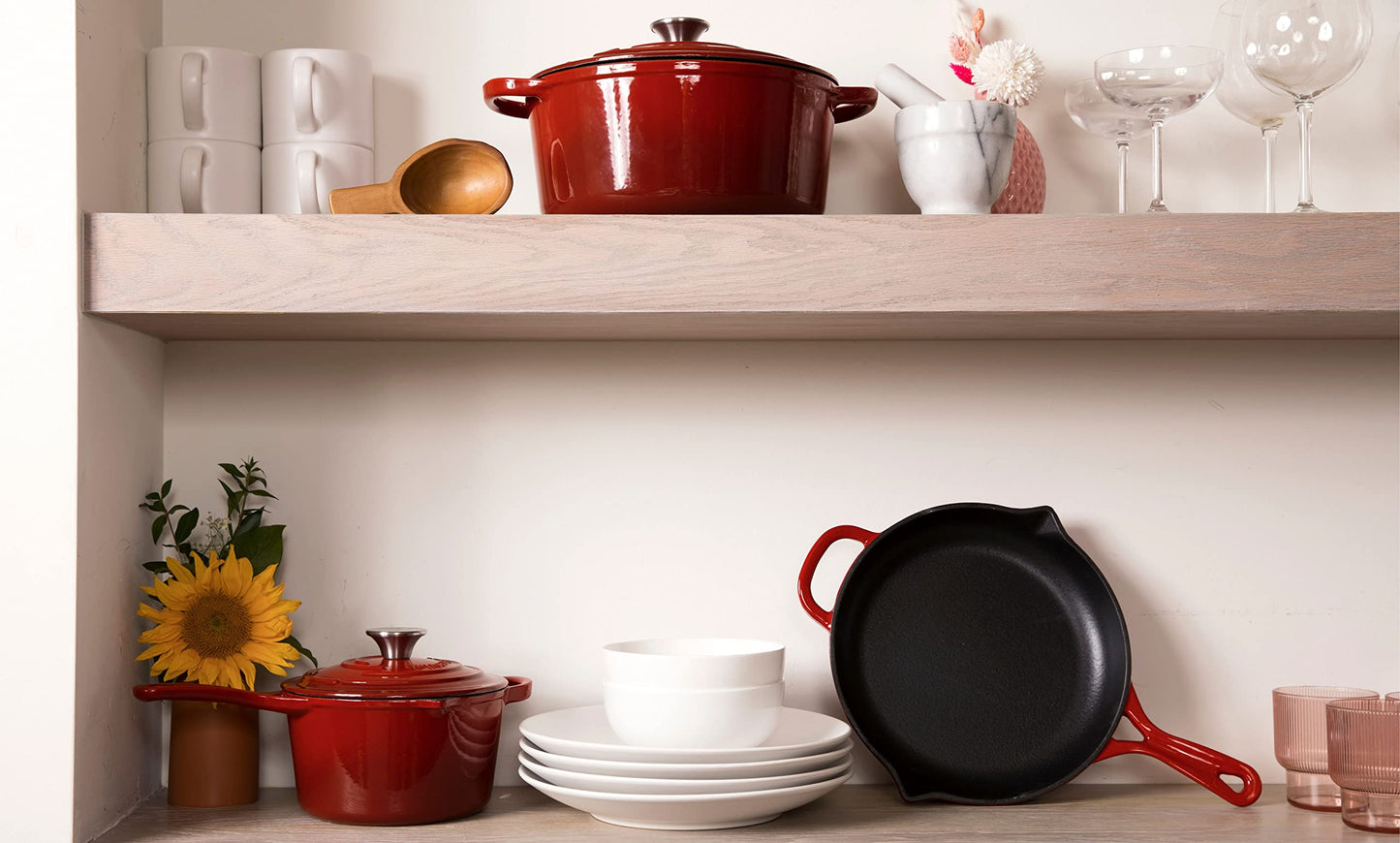 Larder & Vine 5-Piece Enameled Cast Iron Cookware Set - Includes 5.7 Quart Dutch Oven with Lid, 10.25 Inch Skillet, 2.2 Quart Saucepan with Lid (Cabernet)