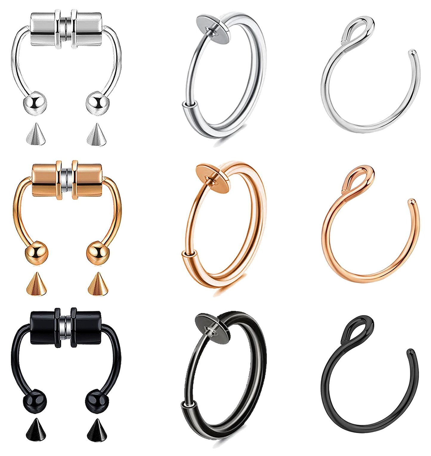 VitaCool Magnetic Nose Ring Stainless Steel Horseshoe Fake Septum Fake Nose Rings 20G Faux Non Piercing Fake Piercings Jewelry Hoop for Women Men (9 Pcs-T-magnet)