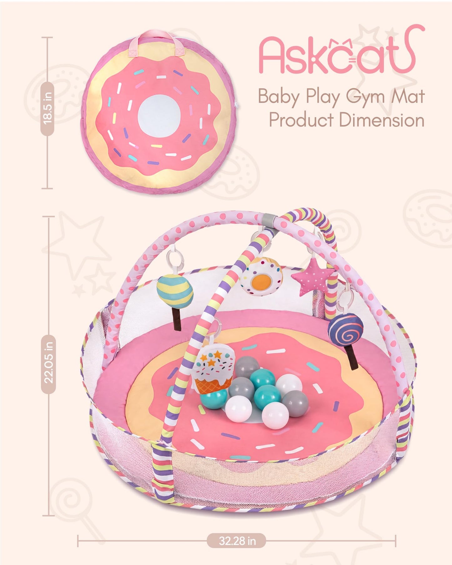 4-in-1 Baby Play Mat & Baby Play Gym,Baby Girl Play Mat Activity Gym, Pink Donut Tummy Time Mat for Babies and Toddlers, Infant Activity Center for Newborn to Develop Motor Cognition