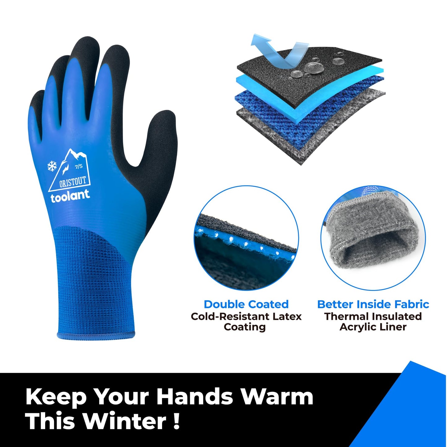 OriStout Winter Work Gloves for Men and Women, Touchscreen, Waterproof Gloves for Working in Freezer, Fishing and Gardening, Thermal Insulated, Super Grip, Blue, Large