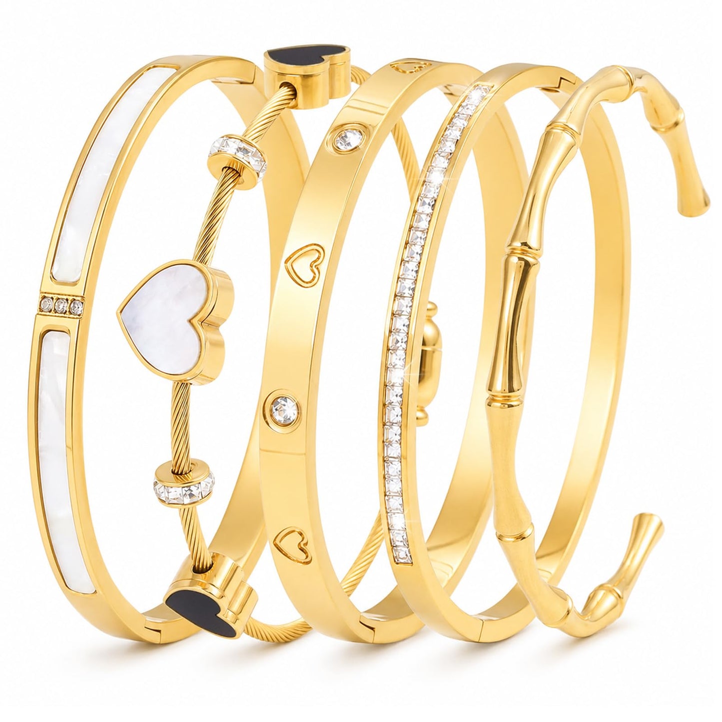 Womens 18K Gold Plated Bangle Bracelet Set 5Pcs Stackable Bangles Waterproof Stainless Steel Mother of Pearl Heart Cubic Zirconia Jewelry Gifts for Women