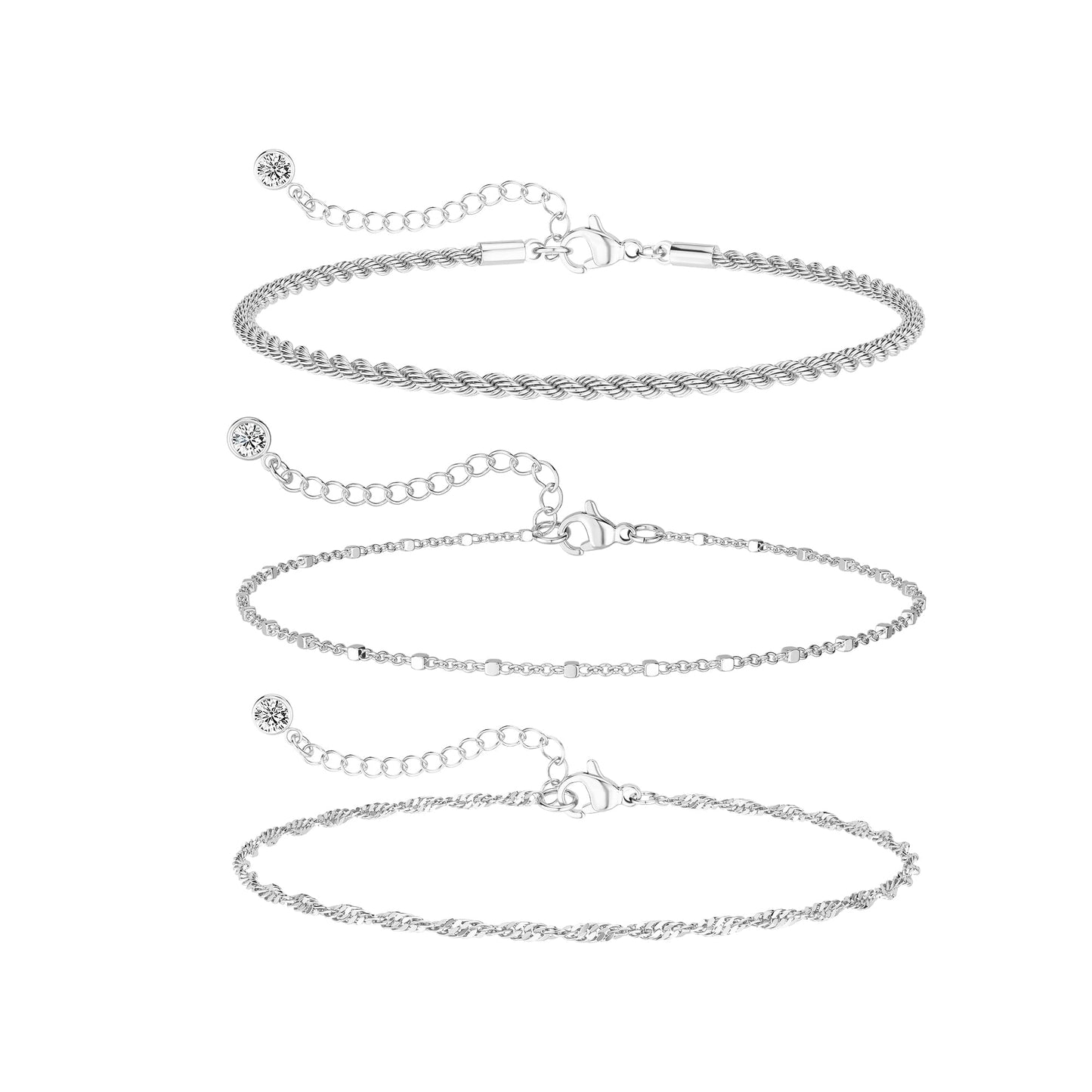DEARMAY Dainty Silver Plated Bracelets for Women Trendy, Silver Jewelry Set Paperclip Box Herringbone Figaro Rope Chain Bracelet for Women Fashion Pack Gifts