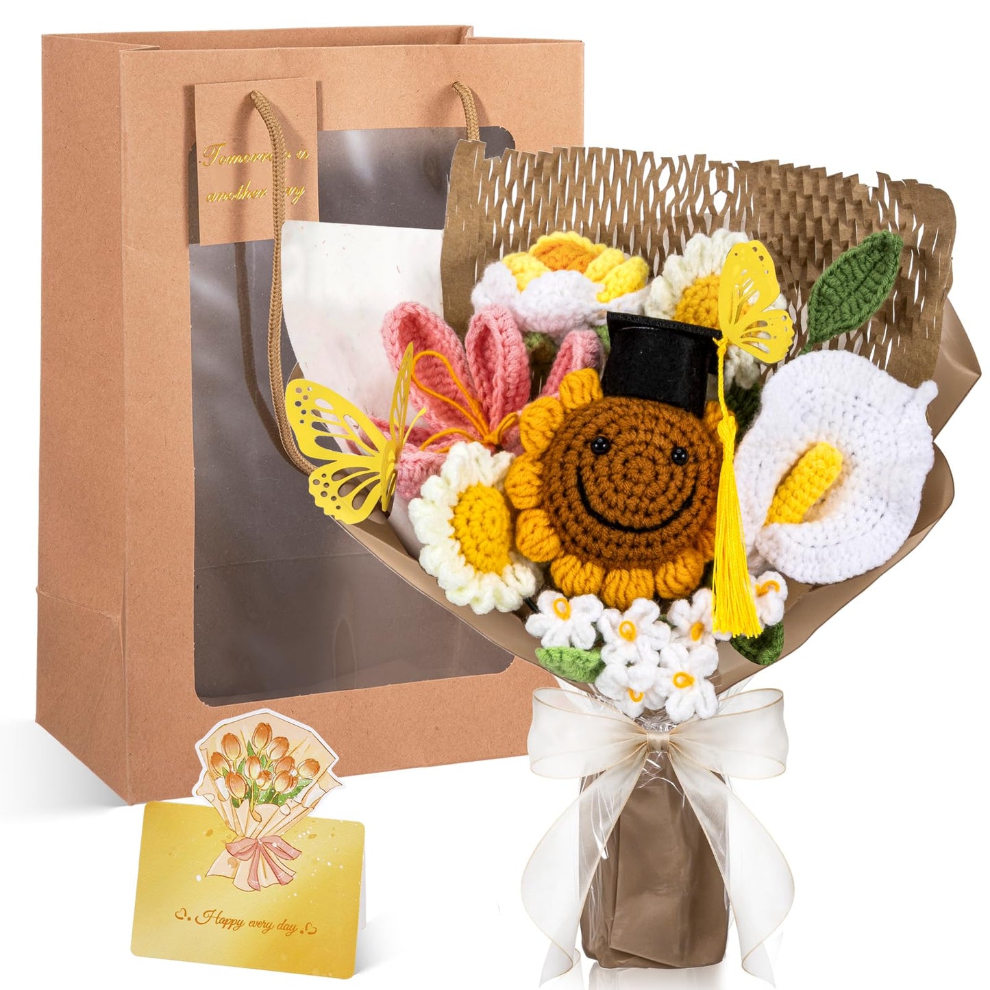 Retrowavy Graduation Crochet Flower Bouquet with Gift Box Bag and Card, Crochet Flowers Handmade Pink Tulips Sunflowers Bouquet Graduation Gifts for Women Friends Grad(Yellow, Grad)