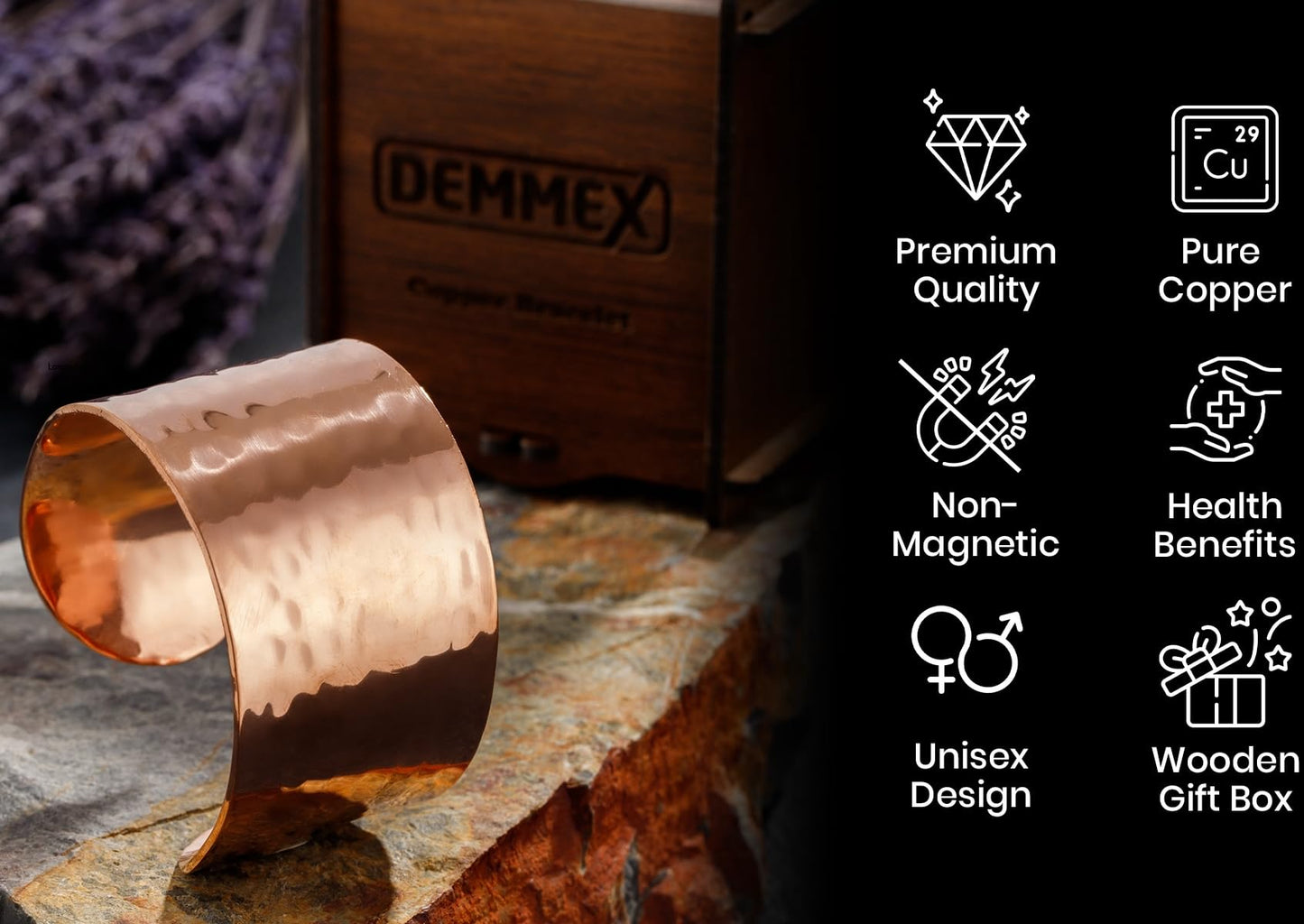 DEMMEX Copper Bracelet for Women – 100% Pure Hammered Turkish Copper Cuff, 1.5mm Thick High-Gauge, Handmade, Uncoated & Non-Magnetic, 1.6" Wide, Adjustable, in Wooden Gift Box