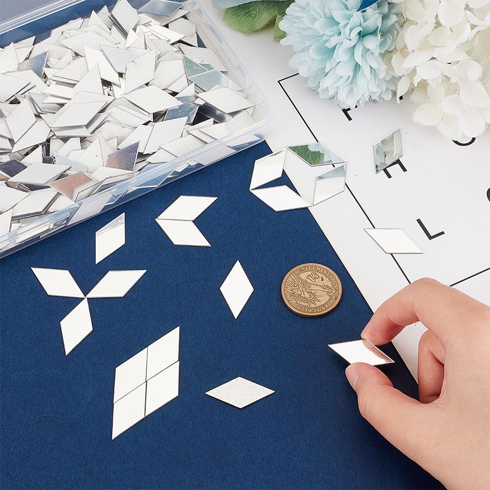 OLYCRAFT 500Pcs Rhombus Mirrors Mosaic Tiles 1.1x0.6 Inch Self-Adhesive Mosaic Tiles Rhombus Acrylic Mirror Tile Acrylic Tile with Mirrors Effect for DIY Crafts Art Wall Home Decorations
