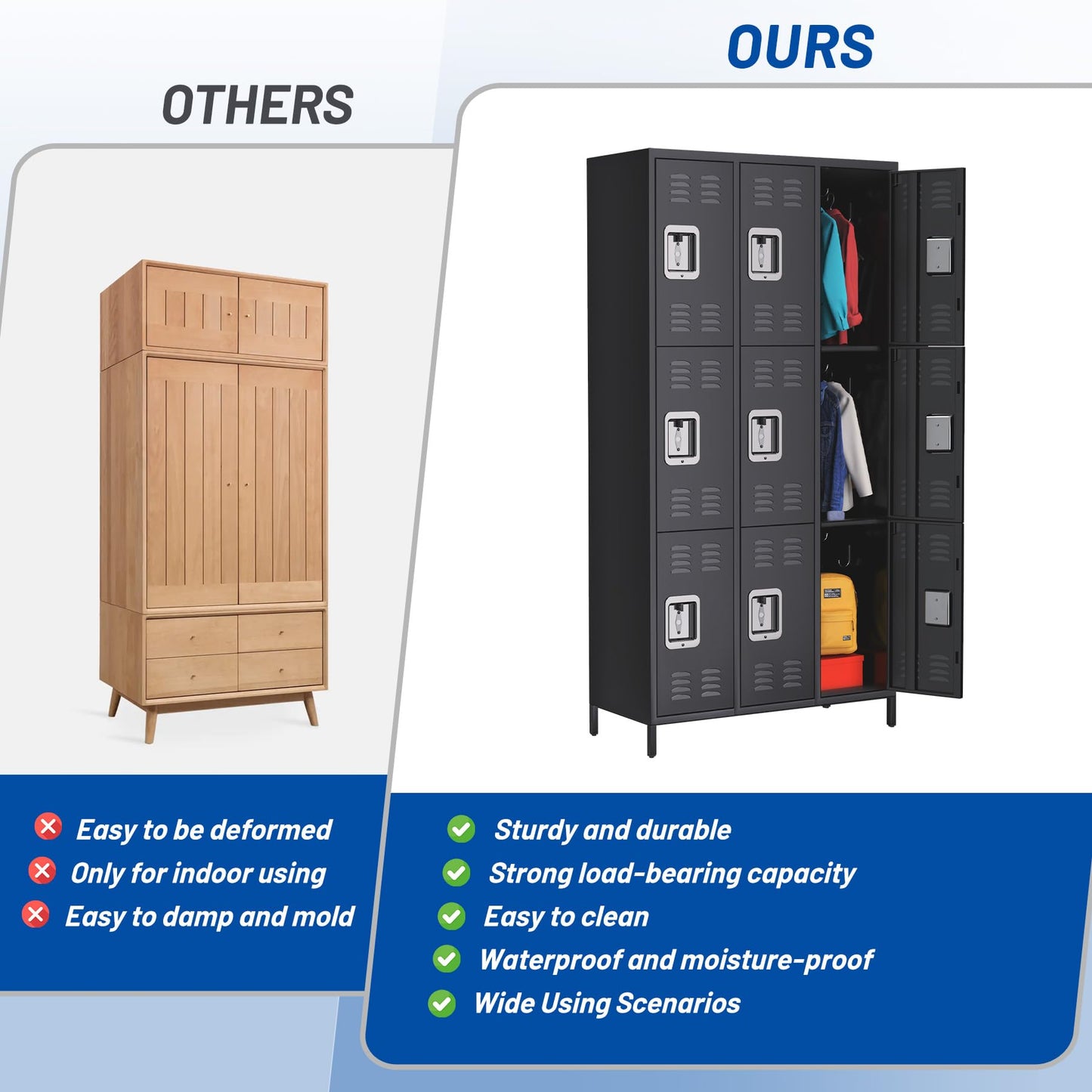 GarveeHome 9 Doors Metal Office Storage Cabinet, Metal Lockers for Employees with 27 Hooks and 9 Shelves, 72 Inch Tall Steel Storage Cabinet Locker for Home, Office, Gym, School, Black