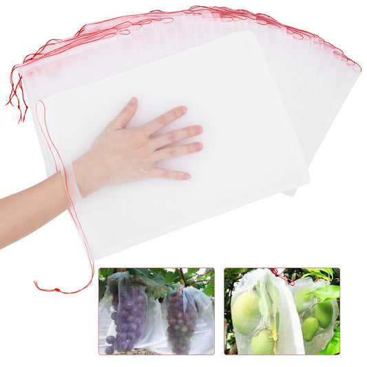 Kikhope 50 Pcs Fruit Protection Bags, 14"x10" Fruit Netting Bags, Garden Netting Bags with Drawstring, Fruit Tree Bags, Netting Barrier Bags for Protecting Fruits and Vegetables