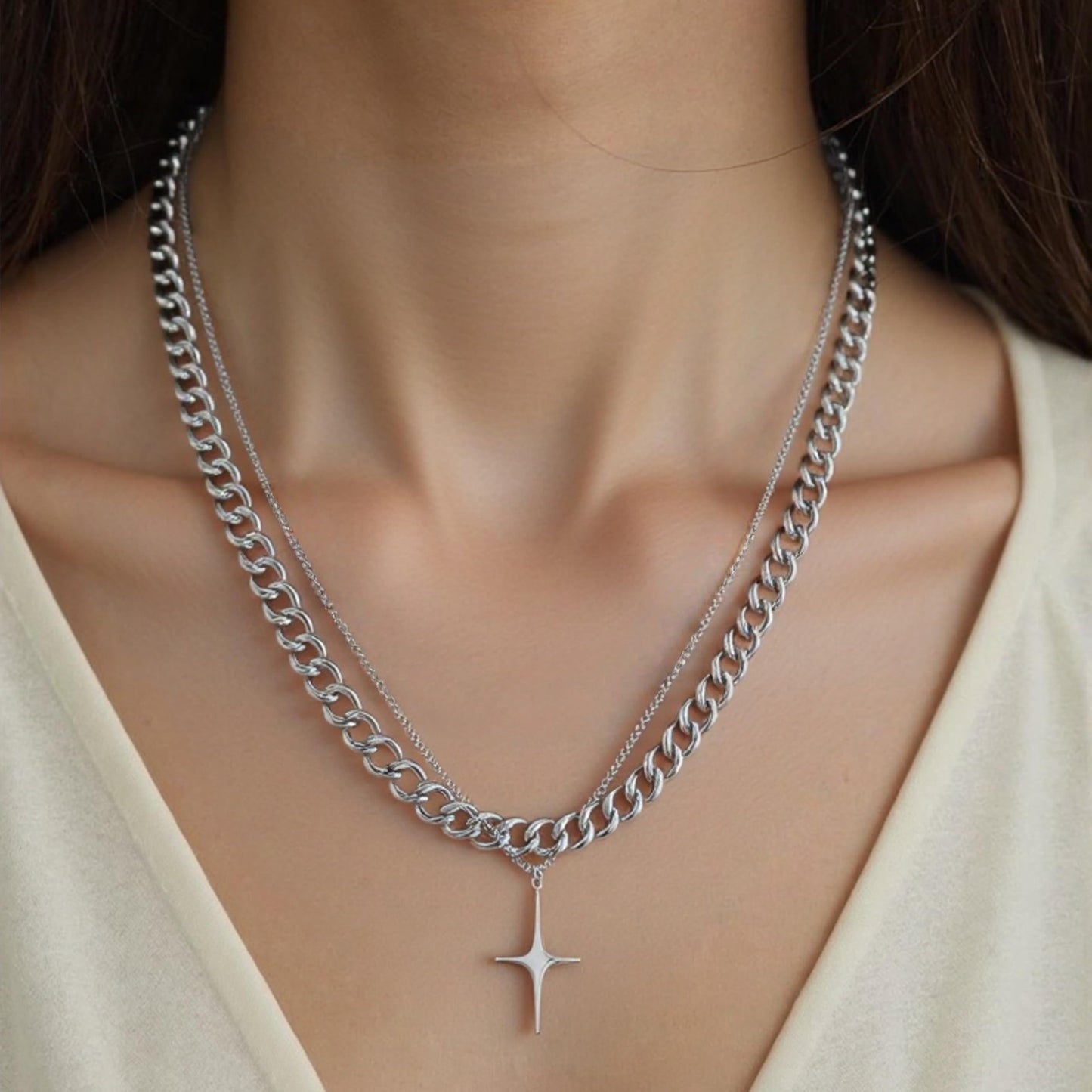 Buyongwant Cross Star Necklace for Women Irregular Y2k Double Layered Chain Fashion Jewelry Silver