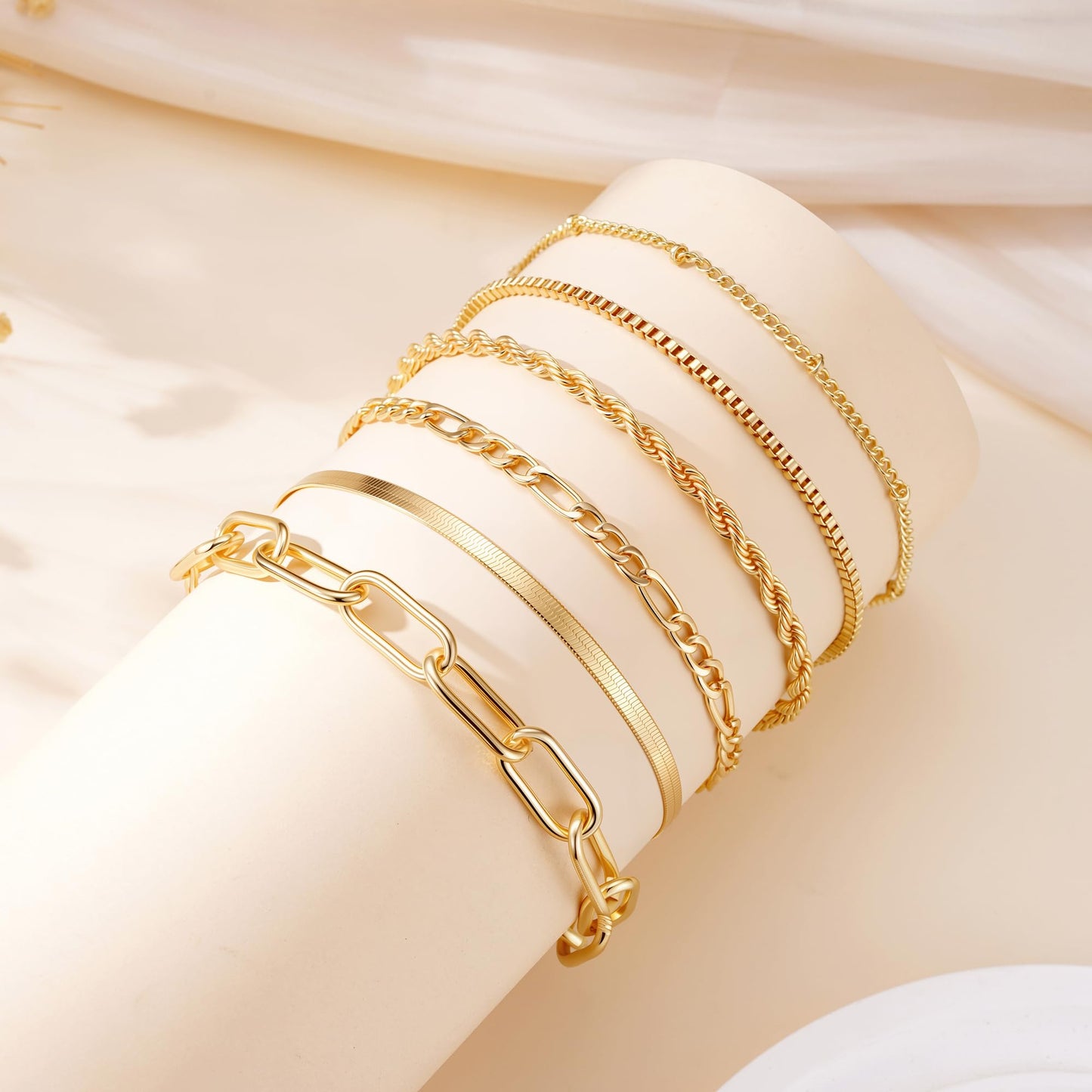 Mujahid Waterproof Gold Plated Bracelets Set for Women Trendy, Dainty 14K Gold Jewelry Fashion Stackable Tennis Beaded Figaro Herringbone Paperclip Link Bracelet Pack Stack Gifts for Women,Never Fade