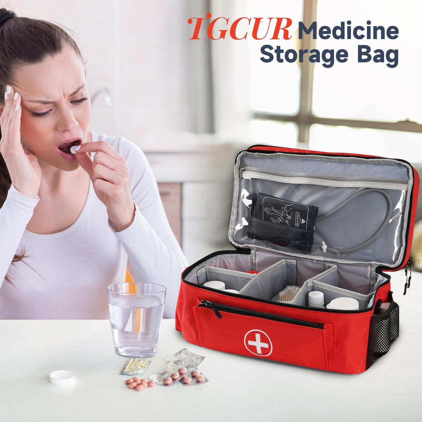 TGCUR Medicine Organizer and Storage Bag Empty, Family First Aid Box, Pill Bottle Organizer Bag for Emergency Medication, Supplements or Medical Kits, Zippered Medicine Bag for Home and Travel (Red)