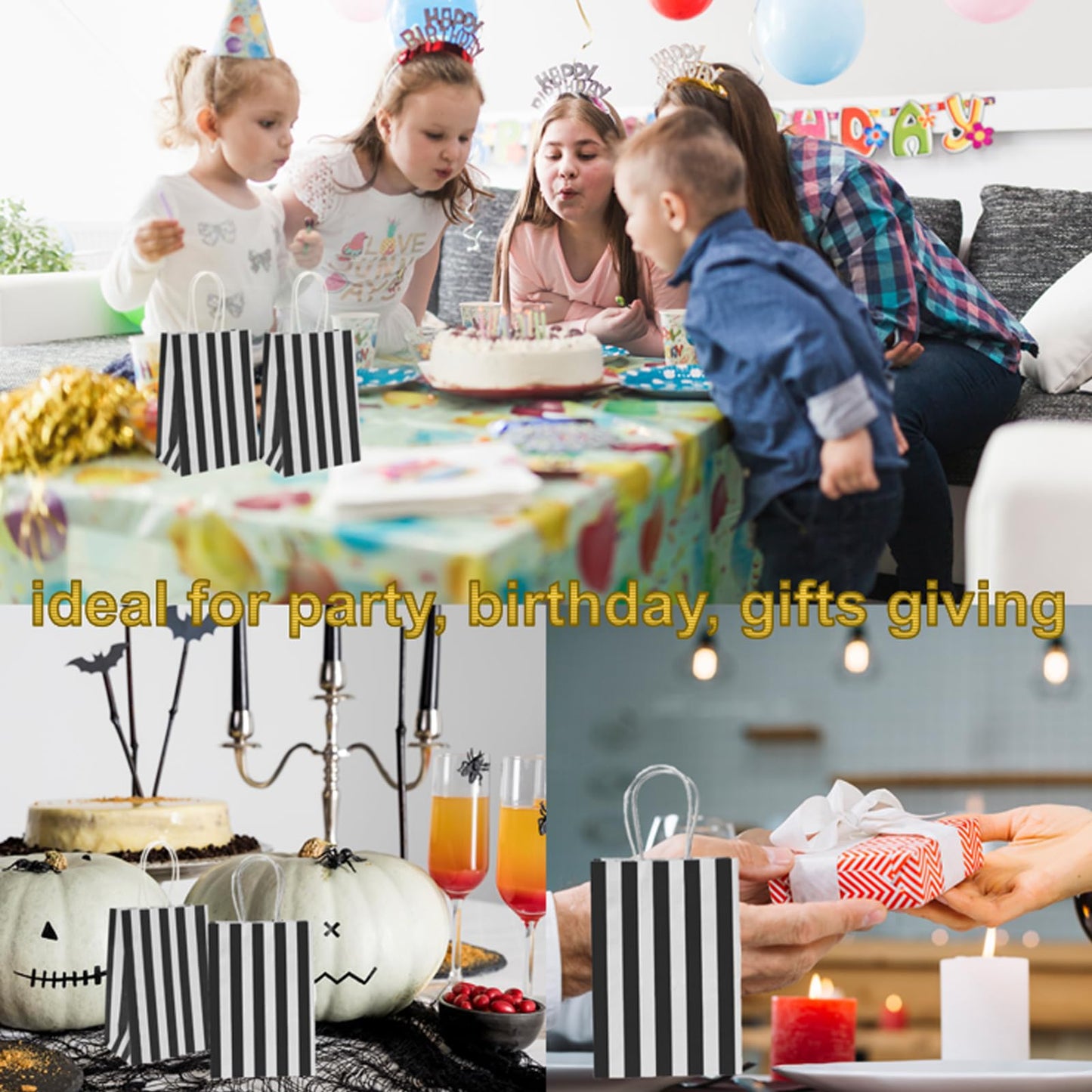 Ronvir 50Pcs Small Gift Bags, 5.25x3.25x8 Inches Black & White Striped Recycled Kraft Paper Bag with Handles Bulk for Christmas, Party Favors, Shopping, Goodie, Birthday, Retail, Halloween,Business,Gift Wrapping
