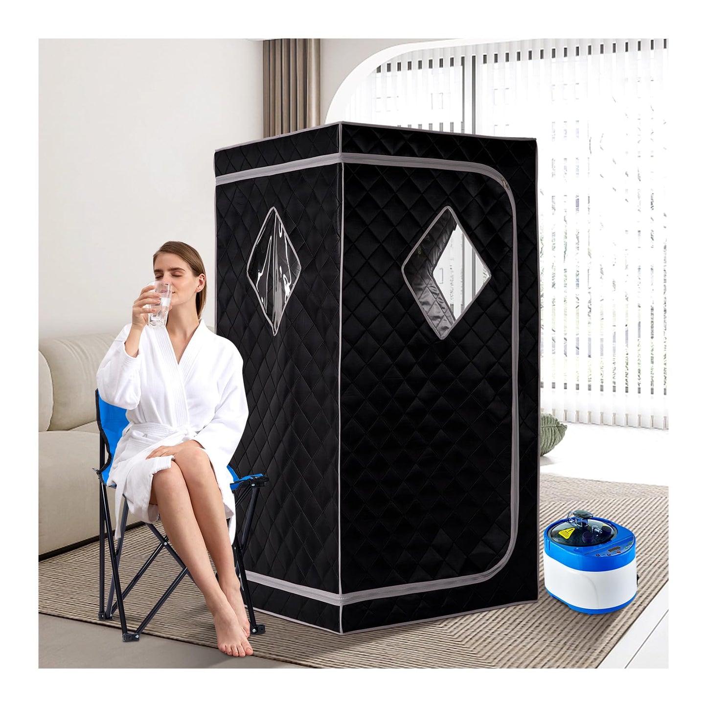 ZONEMEL Full Size Portable Steam Sauna, Personal Home Spa, 1500 Watt 4 Liter Steamer with Remote Control, Timer, Foldable Chair (L 33.8" x W 33.8" x H 65.7", Black)