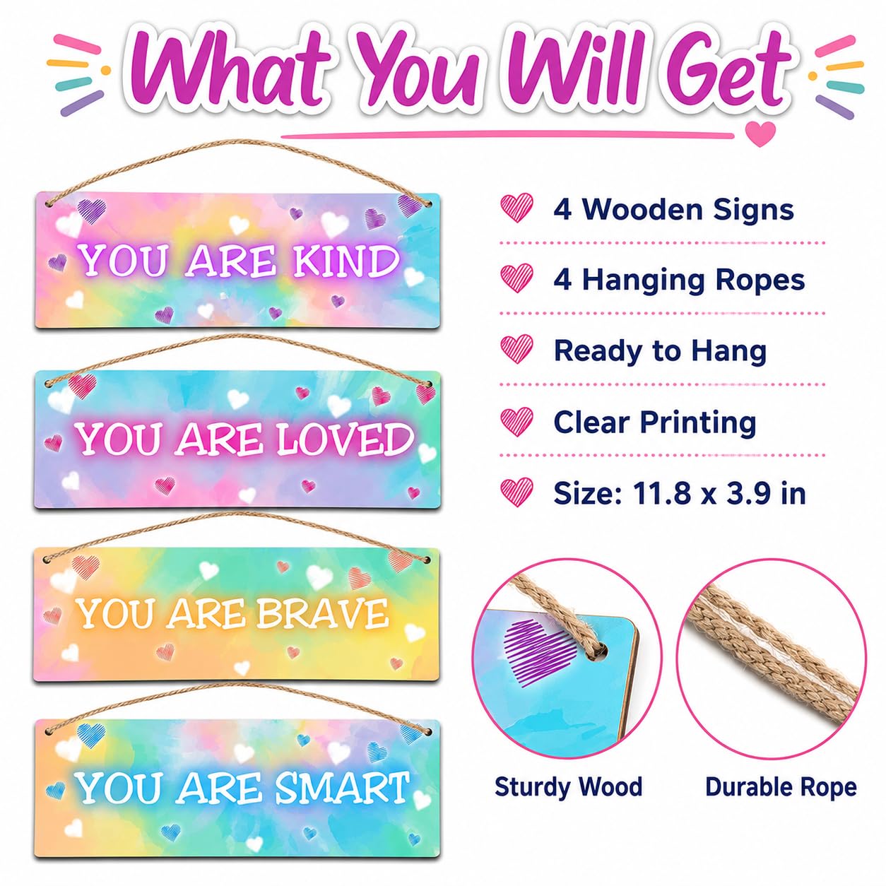 4 Pieces Tie Dye Kids Room Wall Decor Wooden Signs, Motivational Wall Art for Girls Bedroom, Nursery, Playroom, Classroom Decor, You Are Loved Brave Kind Smart(Sign-04)