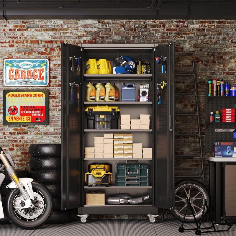 Aobabo Garage Storage Cabinet with Door Pegboard,Lockable Metal Storage Cabinet with 5 Adjustable Shelves for Garage Home,Required Assembly,Black