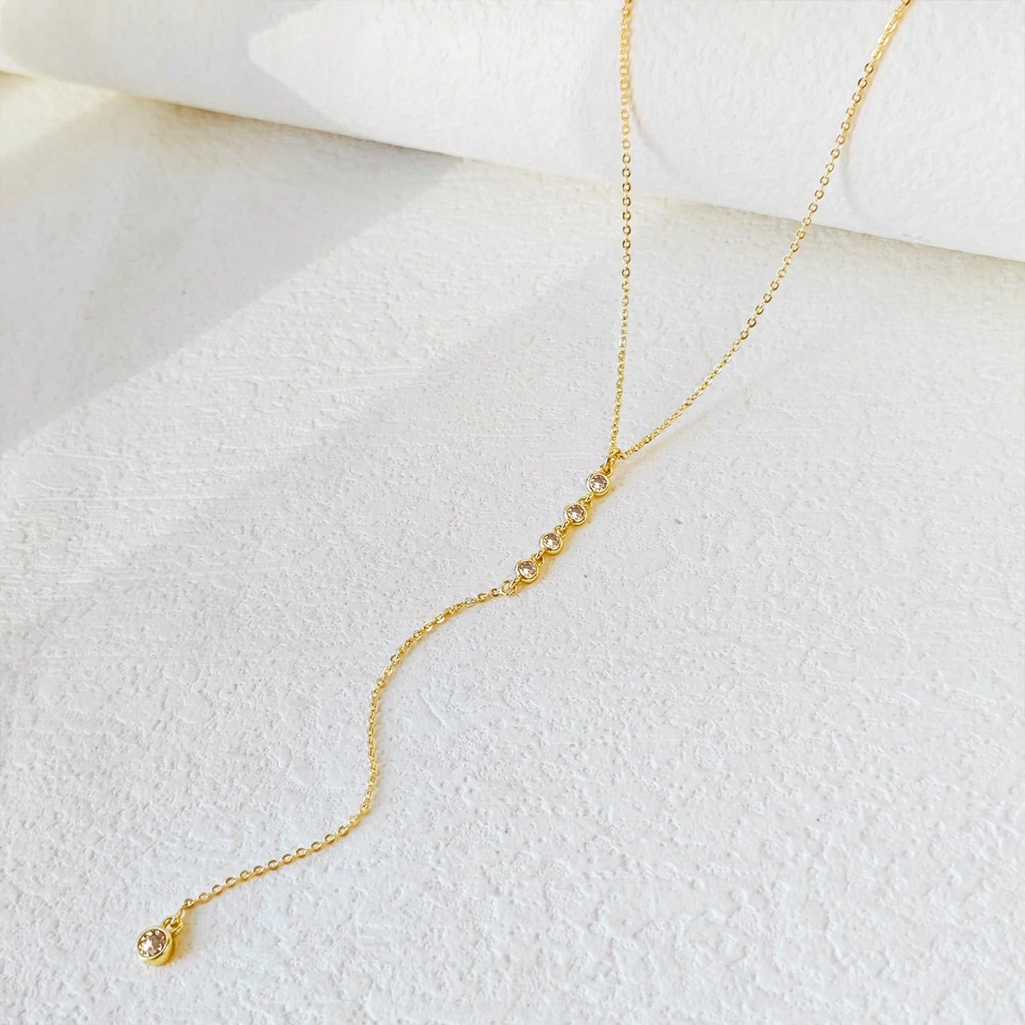 Airmb Lariat Gold Necklace for Women, Dainty Long Necklace 14k Gold Plated Layered CZ Chain Y-Shaped Body Chain Stack Drop Wedding Necklace Trendy Simple Gold Jewelry Gifts