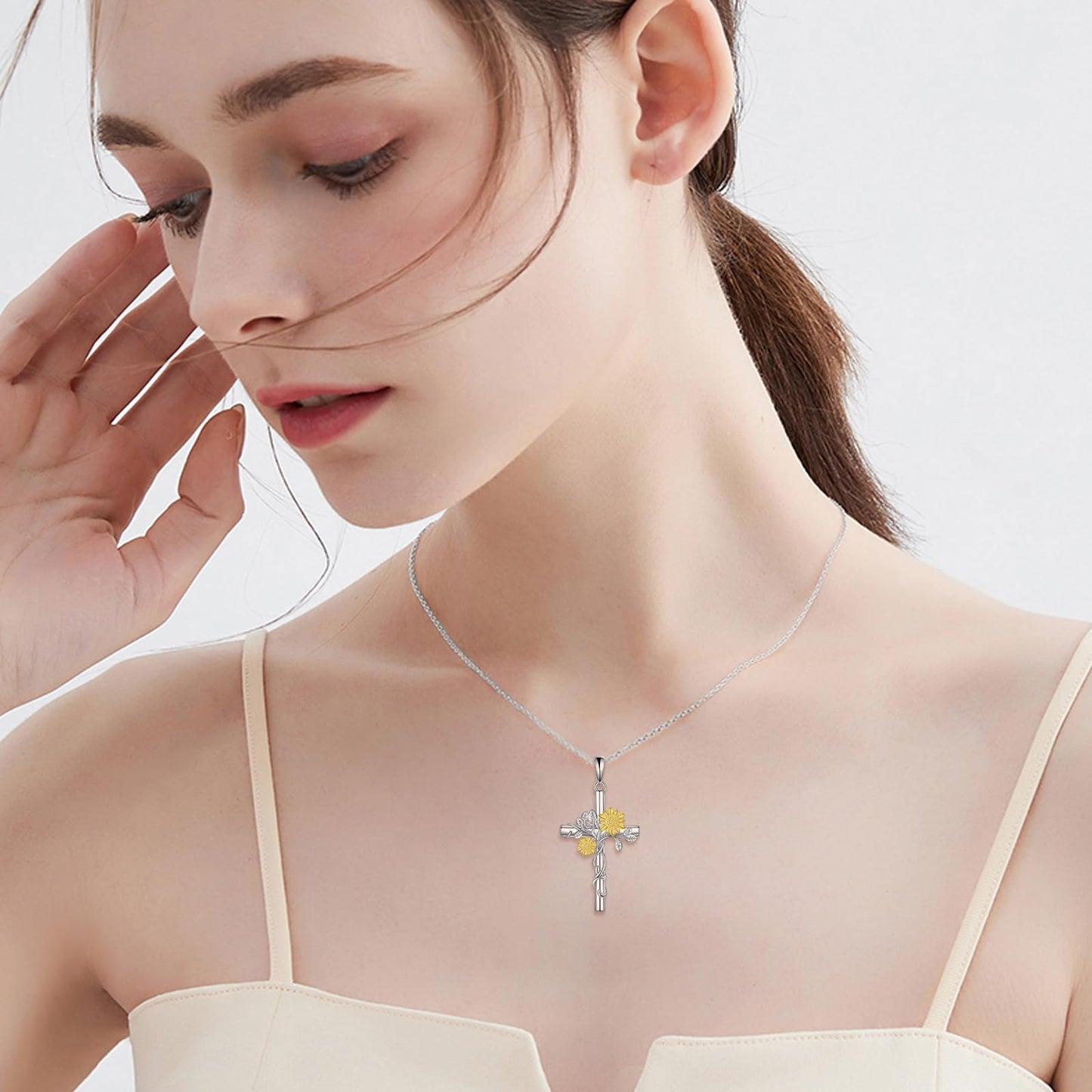POPLYKE Cross Sunflower Necklace for Women 925 Sterling Silver Cross Necklace Sunflower Pendant Sunflower Jewelry for Women