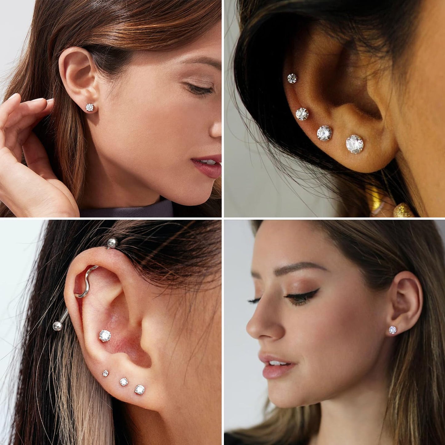 6 Pairs Stud Earrings Set, Hypoallergenic Cubic Zirconia Earrings 316L Stainless Steel CZ Earrings 3-8mm (White CZ)