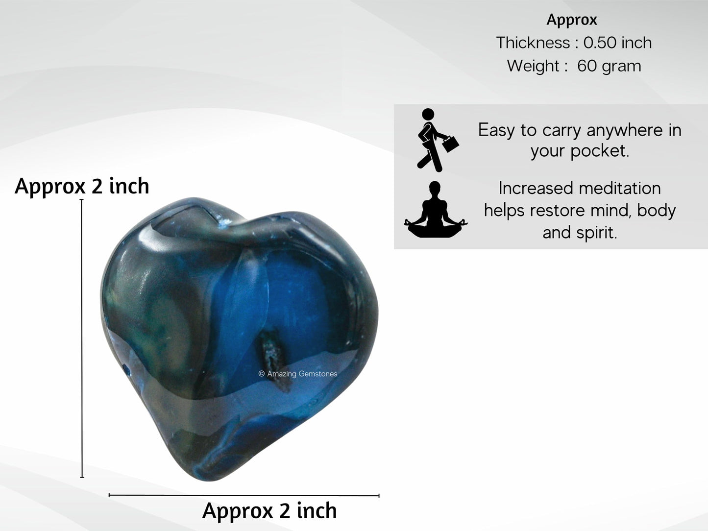 Amazing Gemstone Blue Onyx Agate Crystal Heart Palm Stone - Pocket Massage Worry Stone for Natural Body Chakra Balancing, Reiki Healing and Crystal Grid