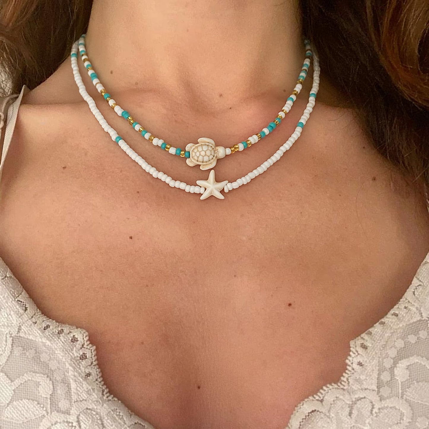 Lameybrt Cowrie Shell Surfer Necklaces, Hawaiian Beach Handmade Choker Set for Women, White Rice Bead with Black Accents, Bohemian Summer Seashell Choker 2 Piece Set, Perfect for Summer Beach Vacation, Birthday, Mother’s Day & Holiday Gifts (Shell 27)