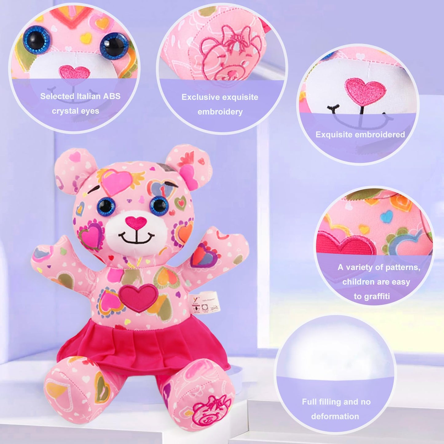 DRAWMYTOY Stuffed Animal Coloring Plush Toy Bear with 20 Washable Markers Laser Holographic Backpack Road Trip Car Game Writing Painting Set for Girls Doodle Dolls Kids Ages 3-6 Birthday (Pink Bear)